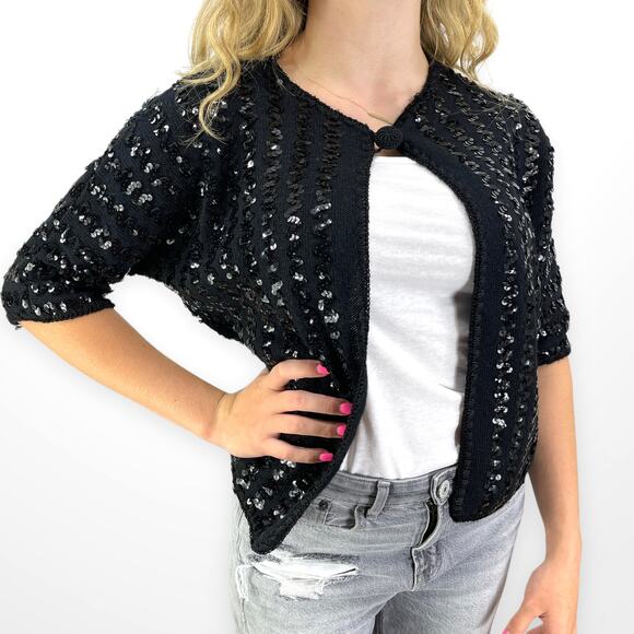 70s CASUALON PETER FREUND Vintage Black Sequin Knit Cardigan Sweater - Picture 1 of 12